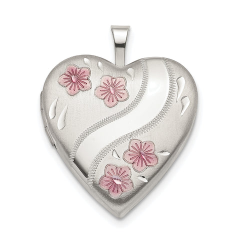 Sterling Silver 20mm Pink Enamel Flower Heart Locket QLS784 - shirin-diamonds