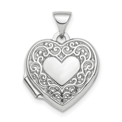 Sterling Silver Rhodium-plated Polished Fancy Scroll 15mm Heart Locket QLS808 - shirin-diamonds