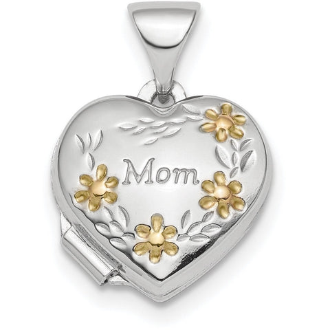 Sterling Silver Rhodium-plated & Gold-tone Floral Mom Heart Locket QLS817 - shirin-diamonds