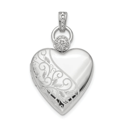 Sterling Silver Rhodium-plate 21mm Heart Dia. Accent D/C Satin Locket QLS821 - shirin-diamonds
