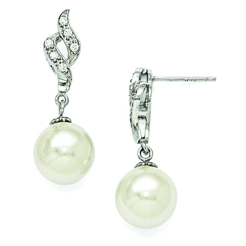 Sterling Silver Majestik 10-11mm White Shell Bead & CZ Dangle Earrings QMJE104W - shirin-diamonds