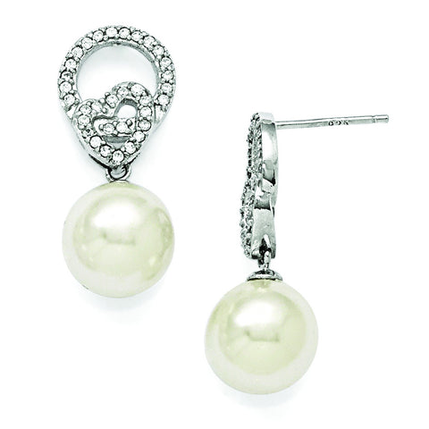 Sterling Silver Majestik 10-11mm White Shell Bead & CZ Dangle Earrings QMJE107W - shirin-diamonds
