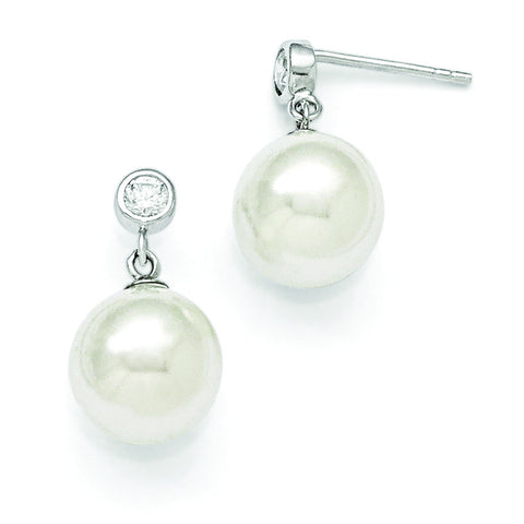 Sterling Silver Majestik 10-11mm White Shell Bead & CZ Dangle Earrings QMJE108W - shirin-diamonds