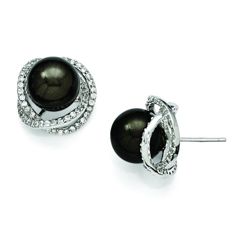 Sterling Silver Majestik 10-11mm Black Shell Bead & CZ Post Earrings QMJE111B - shirin-diamonds