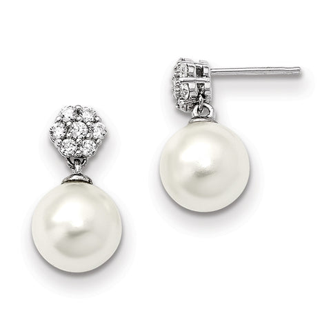 Sterling Silver Majestik 10-11mm White Shell Pearl CZ Post Dangle Earrings QMJE112W - shirin-diamonds