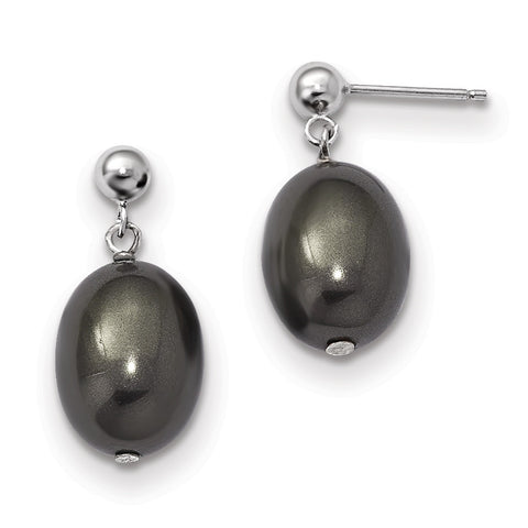 Sterling Silver Majestik10-11mm Black Rice Shell Pearl Post Dangle Earring QMJE116B - shirin-diamonds
