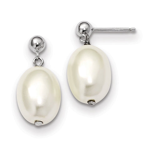 Sterling Silver Majestik10-11mm White Rice Shell Pearl Post Dangle Earring QMJE116W - shirin-diamonds