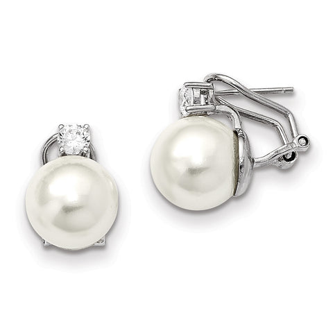 Sterling Silver Majestik 12-13mm White Shell Pearl CZ Omega Back Earrings QMJE123W - shirin-diamonds