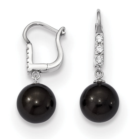 Sterling Silver Majestik 11-12mm Black Shell Pearl CZ Dangle Earrings QMJE124B - shirin-diamonds