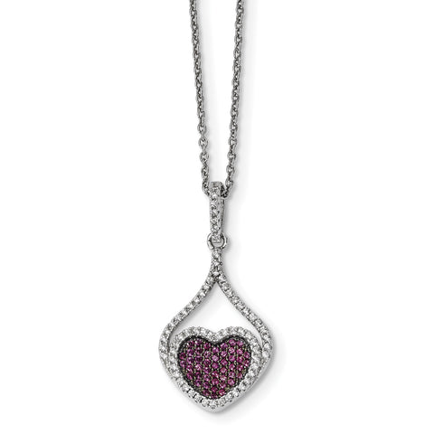 Sterling Silver Red & White CZ Brilliant Embers Polished Heart Necklace QMP1089 - shirin-diamonds