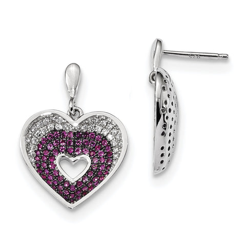 Sterling Silver White & Red CZ Brilliant Embers Polished Heart Earrings QMP1092 - shirin-diamonds