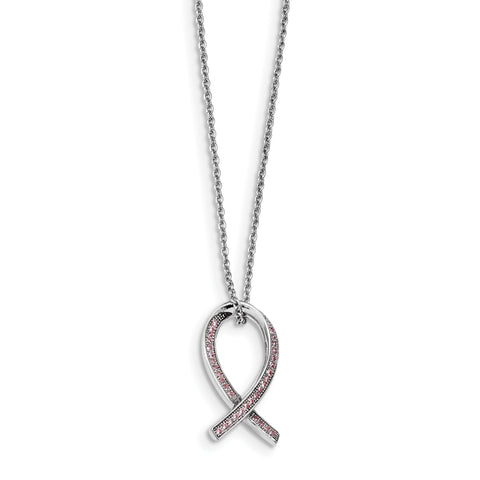Sterling Silver & CZ Brilliant Embers Polished Awareness Ribbon Necklace QMP1124 - shirin-diamonds