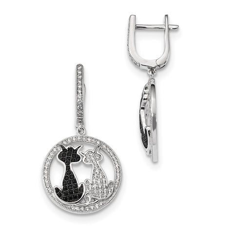 Sterling Silver & CZ Brilliant Embers Cat Dangle Hinged Hoop Earrings QMP1147 - shirin-diamonds