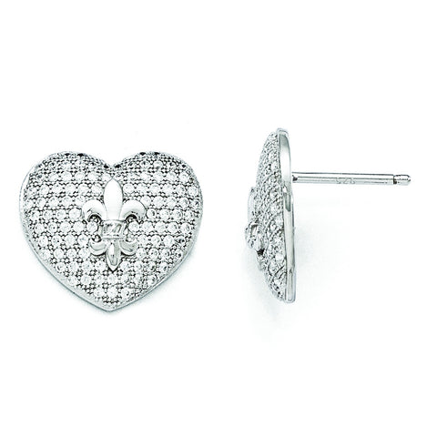 Sterling Silver & CZ Brilliant Embers Heart Fleur De Lis Post Earrings QMP1297 - shirin-diamonds