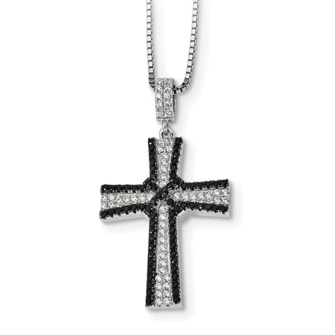 Sterling Silver Black & White CZ Brilliant Embers Polished Cross Necklace QMP1315 - shirin-diamonds