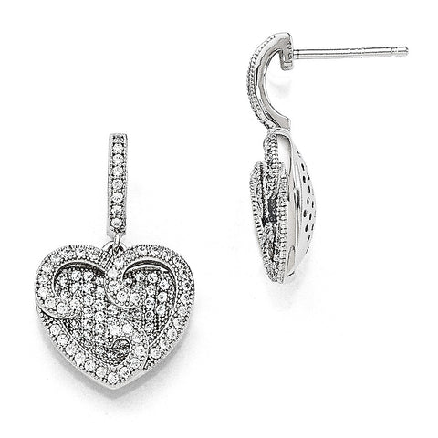 Sterling Silver & CZ Brilliant Embers Polished Heart Dangle Post Earrings QMP131 - shirin-diamonds