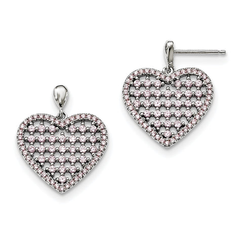 Sterling Silver Pink CZ Brilliant Embers Heart Dangle Post Earrings QMP1392 - shirin-diamonds