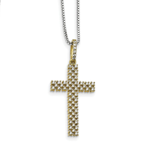 Sterling Silver Gold-tone & CZ Cross Brilliant Embers Necklace QMP1417 - shirin-diamonds