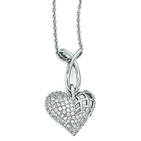 Sterling Silver & CZ Brilliant Embers Polished Heart Necklace QMP182 - shirin-diamonds