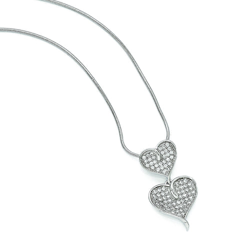 Sterling Silver & CZ Brilliant Embers Polished Double Heart Necklace QMP305 - shirin-diamonds