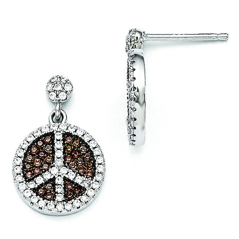 Sterling Silver & CZ Brilliant Embers Peace Sign Dangle Post Earrings QMP719 - shirin-diamonds