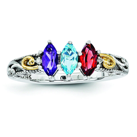 Sterling Silver & 14k Three-stone and Diamond Mother's Ring Semi-Mount QMR22/3 - shirin-diamonds