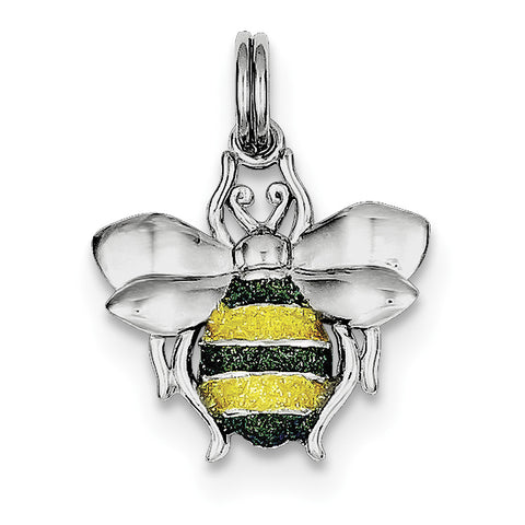 Sterling Silver Rhodium-platedGreen & Yellow Enamel Bee Charm QP1153 - shirin-diamonds