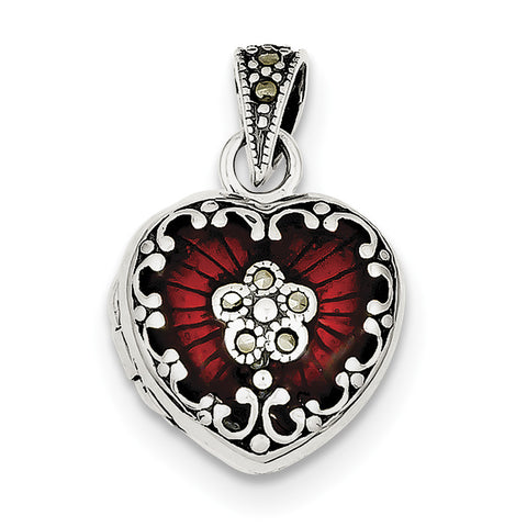 Sterling Silver Red Enamel & Marcasite Heart Locket QP1291 - shirin-diamonds