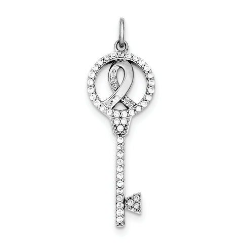 Sterling Silver Breast Cancer Awareness Symbol CZ Key Pendant QP2015 - shirin-diamonds