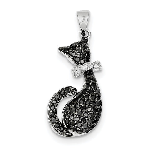 Sterling Silver Black & White CZ Cat with Bow Pendant QP2112 - shirin-diamonds