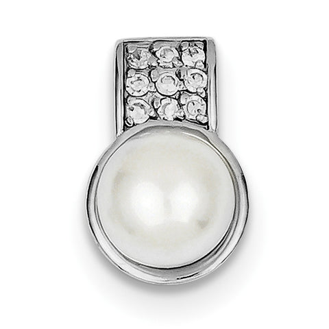 Sterling Silver Rhodium Plated CZ White FW Cultured Pearl Pendant QP2723 - shirin-diamonds