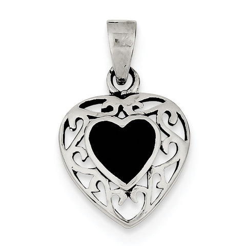 Sterling Silver Onyx Heart Antiqued Pendant QP2830 - shirin-diamonds