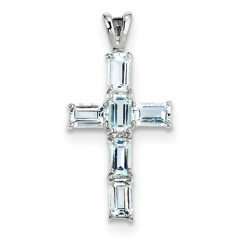 Sterling Silver Rhodium Plated Aquamarine Cross Pendant QP2953AQ - shirin-diamonds