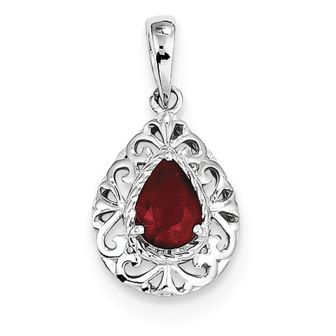 Sterling Silver Rhodium Plated Glass Filled Ruby Teardrop Pendant QP3005R - shirin-diamonds