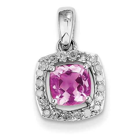 Sterling Silver Rhodium-plated Diamond & Pink Tourmaline Square Pendant QP3057PT - shirin-diamonds