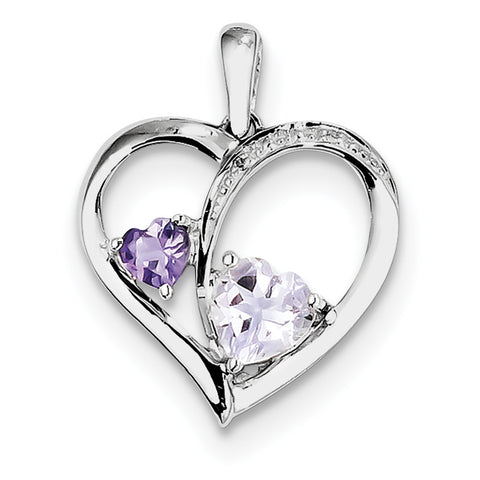 Sterling Silver Rhodium Diamond/Amethyst/Pink Quartz Heart Pendant - shirin-diamonds