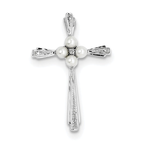 Sterling Silver Rhod Plated Diamond FW Cultured Pearl Cross Pendant QP3189 - shirin-diamonds