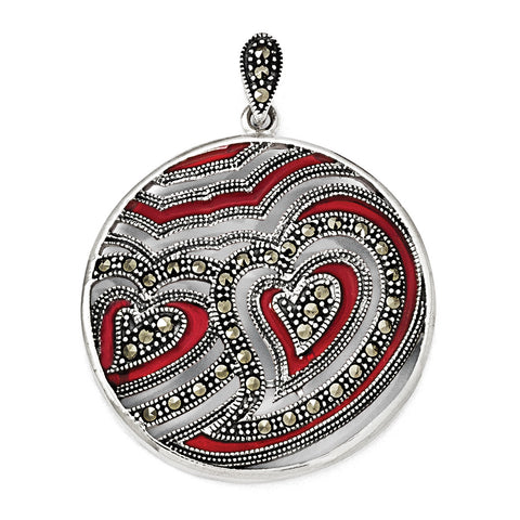 Sterling Silver Marcasite & Red Epoxy Heart Pendant QP3967 - shirin-diamonds
