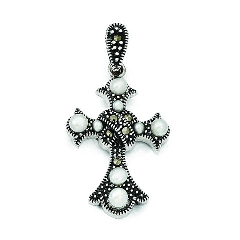 Sterling Silver Marcasite & FW Cultured Pearl Cross Pendant QP3970 - shirin-diamonds