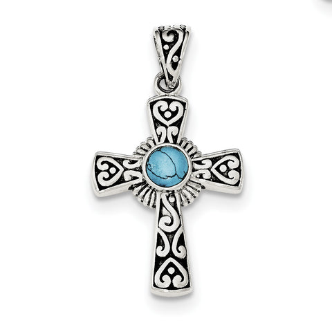 Sterling Silver Antiqued Recon Turquoise Cross Pendant QP4111 - shirin-diamonds
