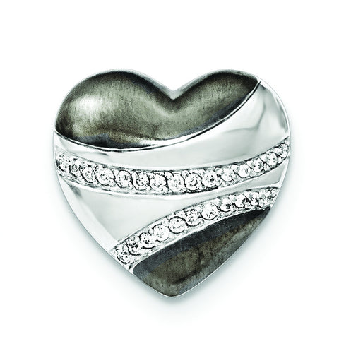 Sterling Silver Blk Rhod Polished CZ Heart Chain Slide Pendant - shirin-diamonds