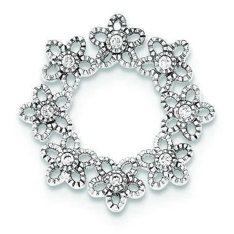 Sterling Silver Textured w/ CZ Flower Chain Slide Pendant - shirin-diamonds