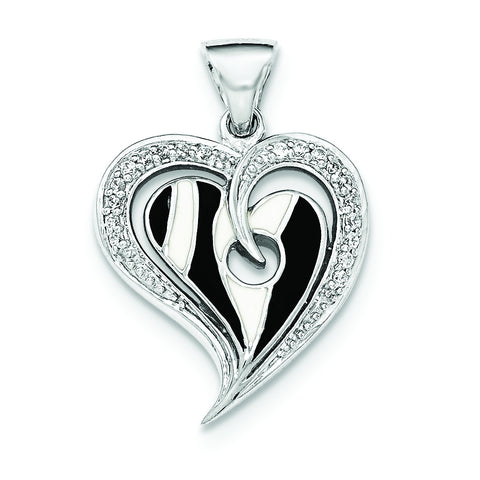 Sterling Silver Polished Heart With Black And White Enamel CZ Pendant - shirin-diamonds