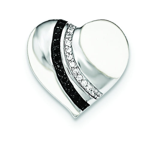 Sterling Silver Blk Rhod & Enamel White/Blk CZ Heart Chain Slide Pendant - shirin-diamonds