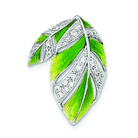 Sterling Silver Green And Yellow Enamel Leaf And CZ Slide - shirin-diamonds