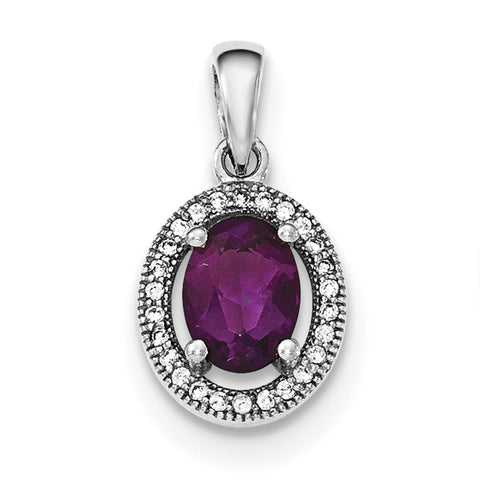 Sterling Silver Rhodium-plated w/ Purple & White CZ Oval Pendant - shirin-diamonds