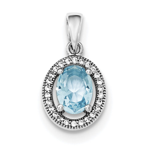 Sterling Silver Rhodium-plated w/ Light Blue & White CZ Oval Pendant - shirin-diamonds