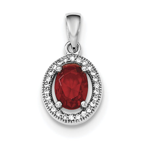 Sterling Silver Rhodium-plated w/ Red & White CZ Oval Pendant - shirin-diamonds