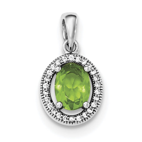 Sterling Silver Rhodium-plated w/ Light Green & White CZ Oval Pendant - shirin-diamonds