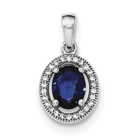 Sterling Silver Rhodium-plated w/ Dark Blue & White CZ Oval Pendant - shirin-diamonds